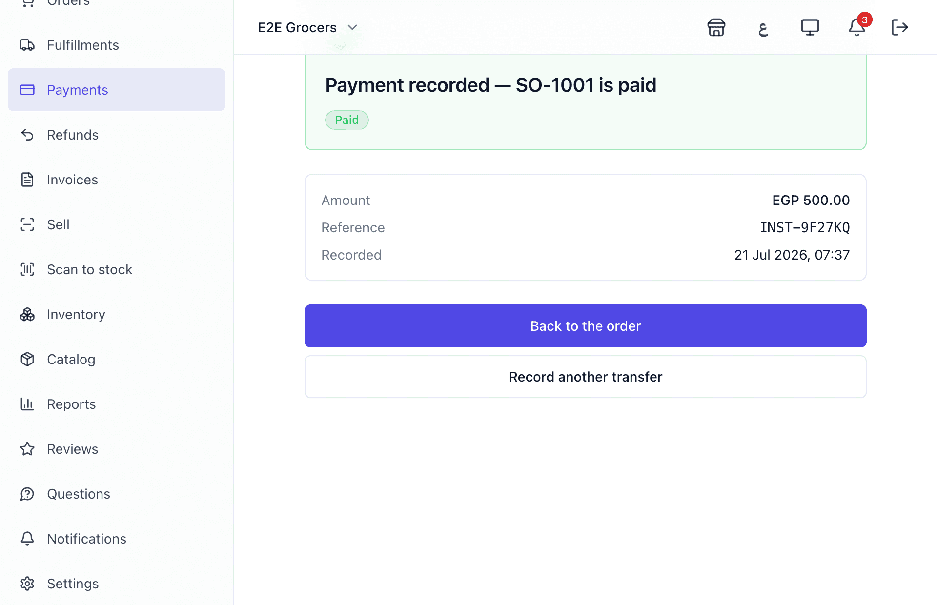 Paste the InstaPay reference — the order flips to PAID in seconds
